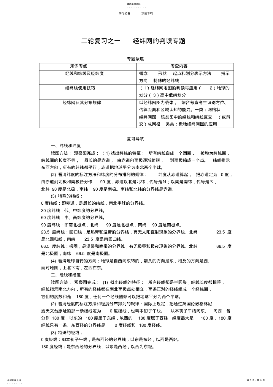 2022年二轮复习经纬网的判读专题 .pdf_第1页