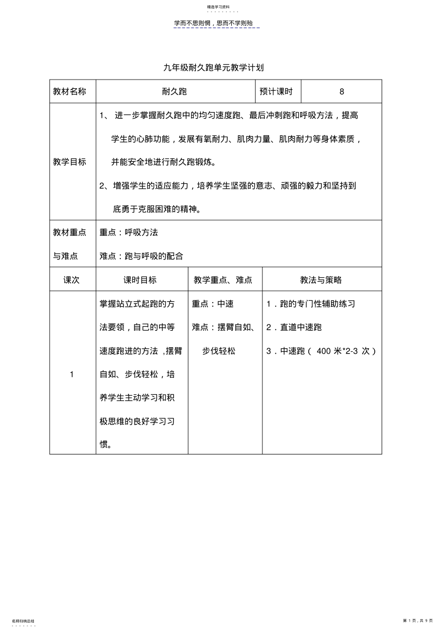 2022年九年级耐久跑单元教学计划, .pdf_第1页