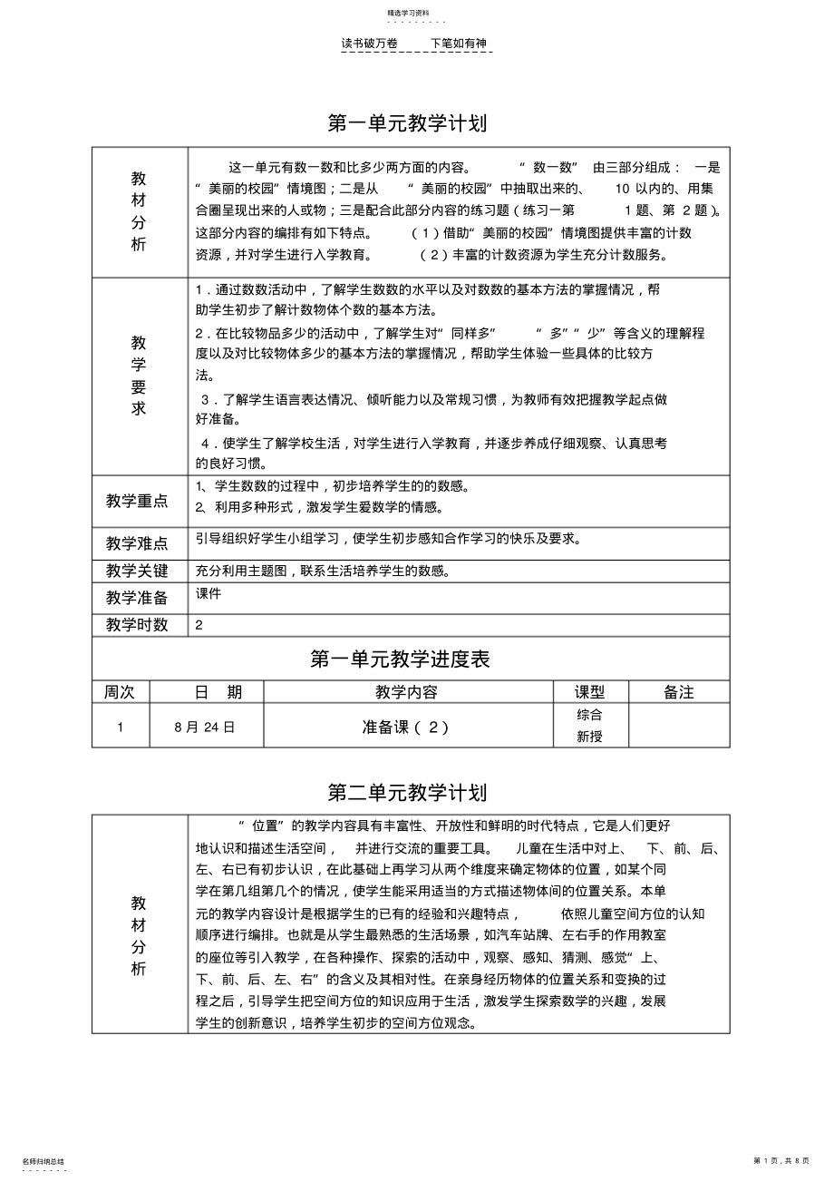 2022年人教版一年级上数学单元教学计划 .pdf_第1页