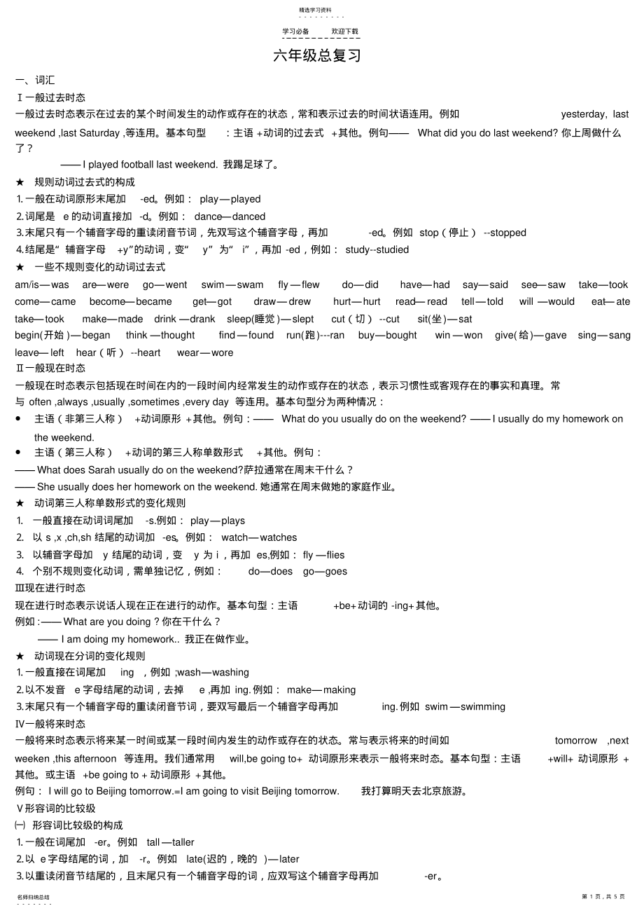 2022年人教版pep六年级英语总复习知识点 .pdf_第1页