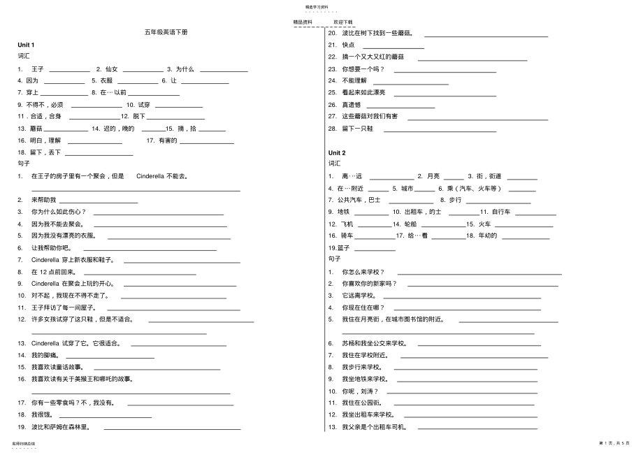 2022年五年级英语下册-单词-课文默写译林版 .pdf_第1页