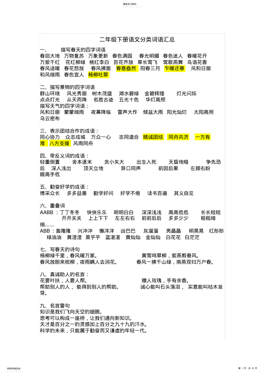 2022年人教版二年级下册语文分类词语汇总 .pdf_第1页