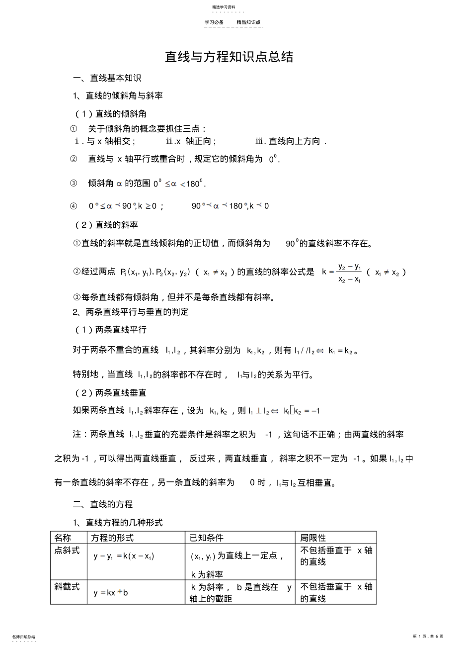 2022年直线与方程知识点总结 .pdf_第1页