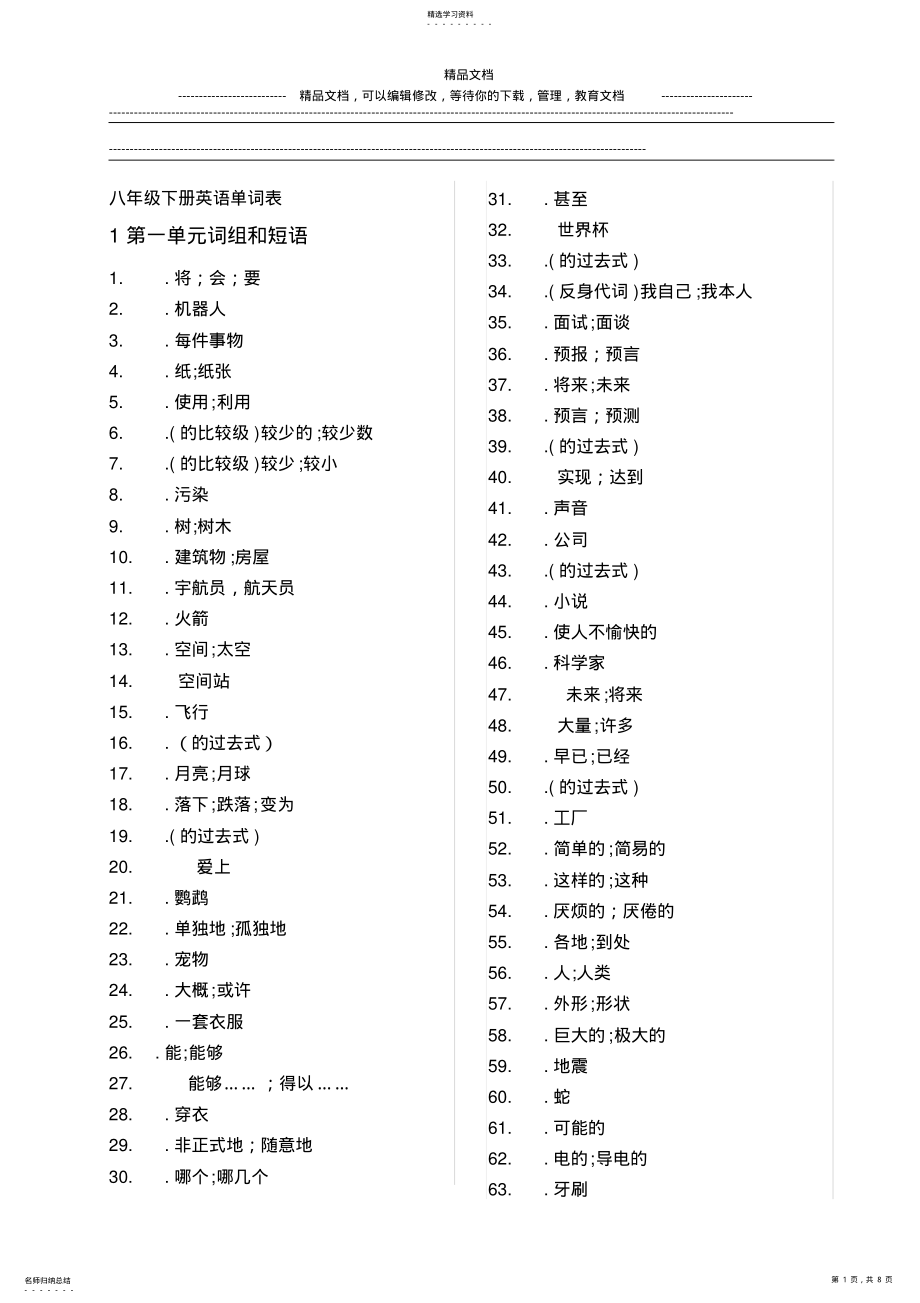 2022年人教版八年级下册英语单词汉语默写表 .pdf_第1页