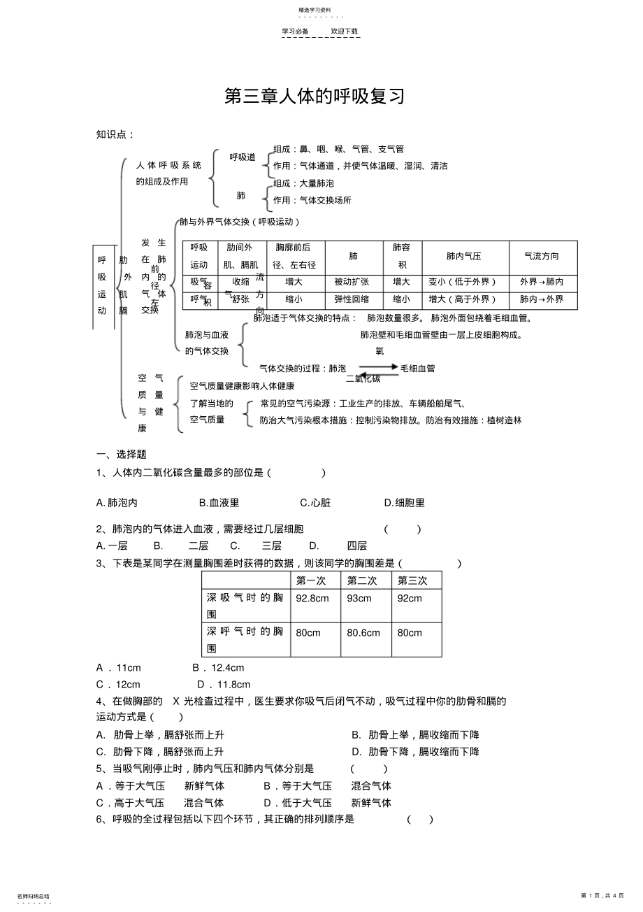 2022年人体的呼吸知识点习题复习 .pdf_第1页