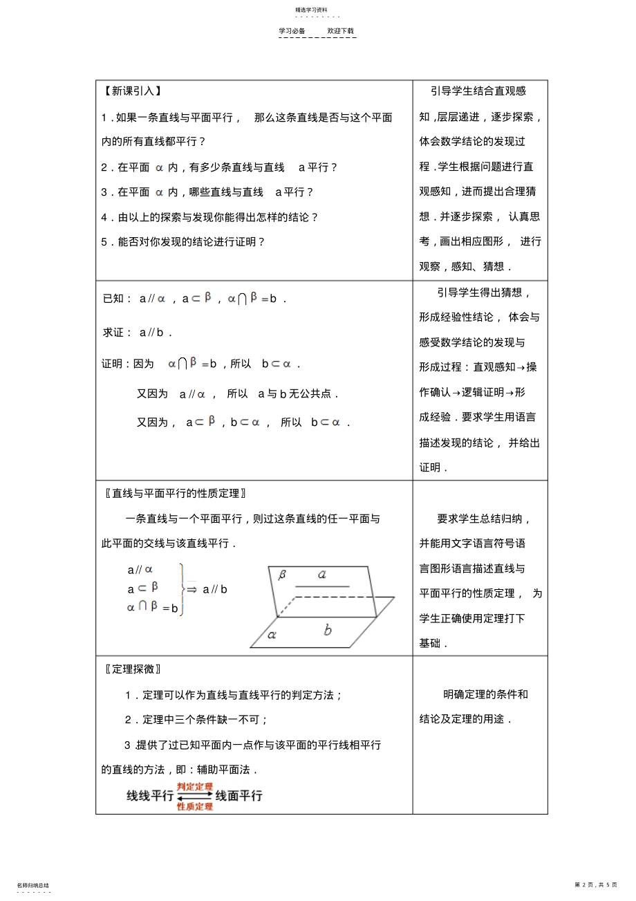 2022年直线与平面平行的性质教学设计 .pdf_第2页