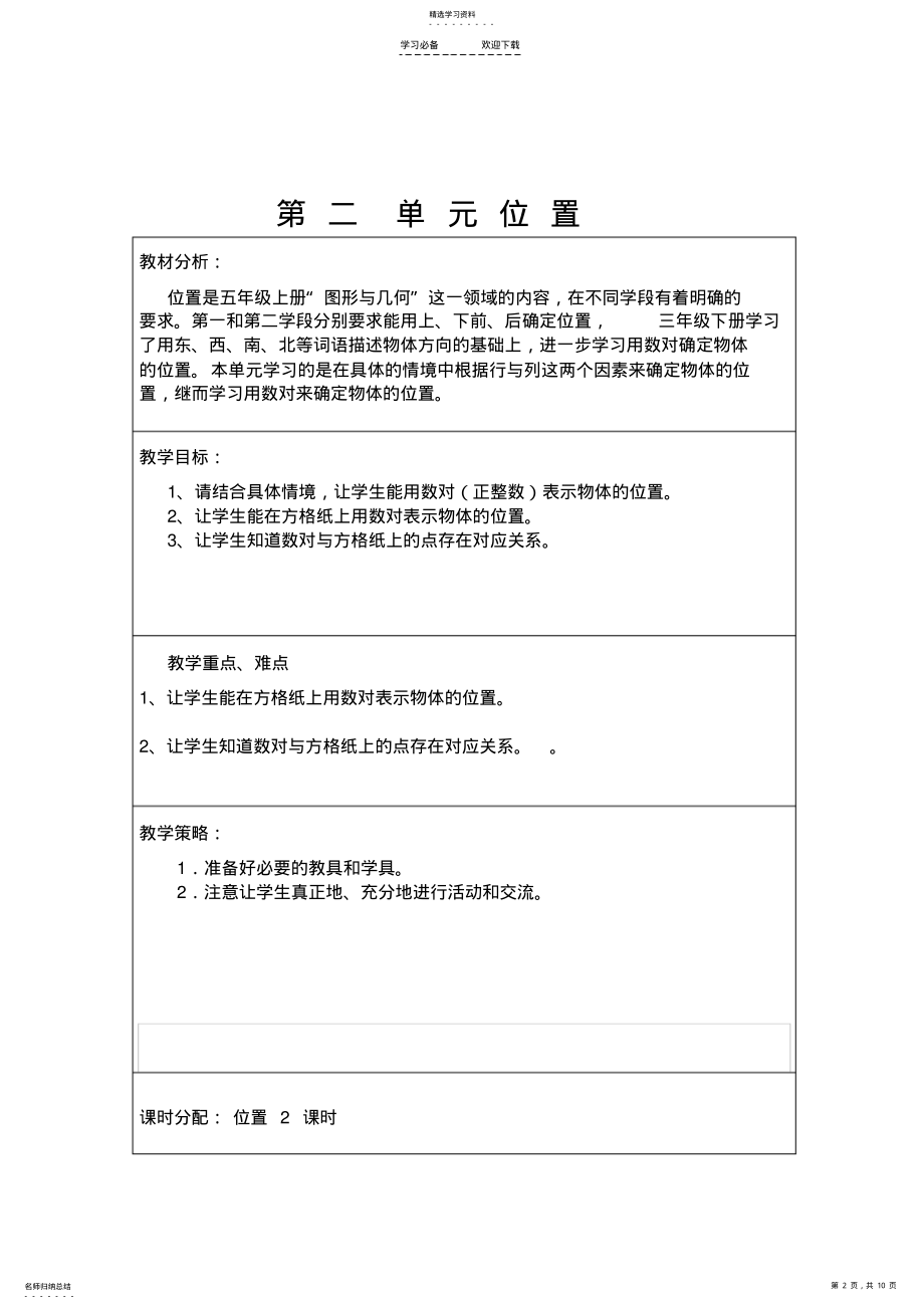 2022年人教版五年级数学上册教学计划单元教学计划 .pdf_第2页