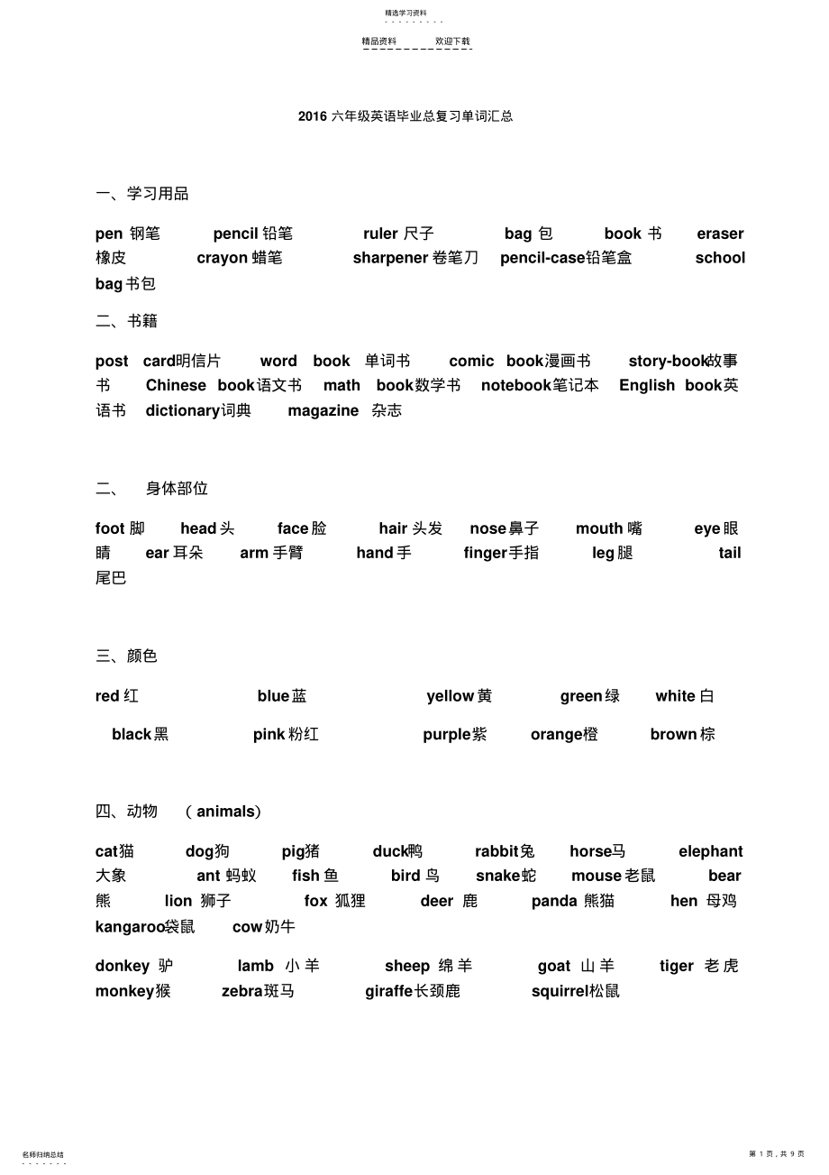 2022年人教版六年级英语毕业总复习单词汇总 .pdf_第1页