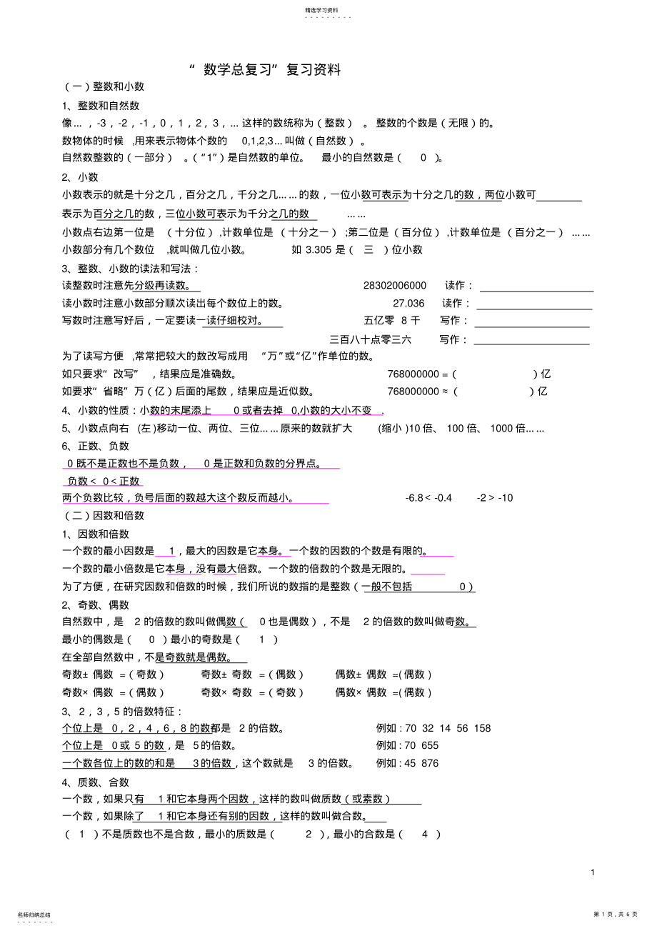 2022年人教版六年级数学总复习资料 .pdf_第1页