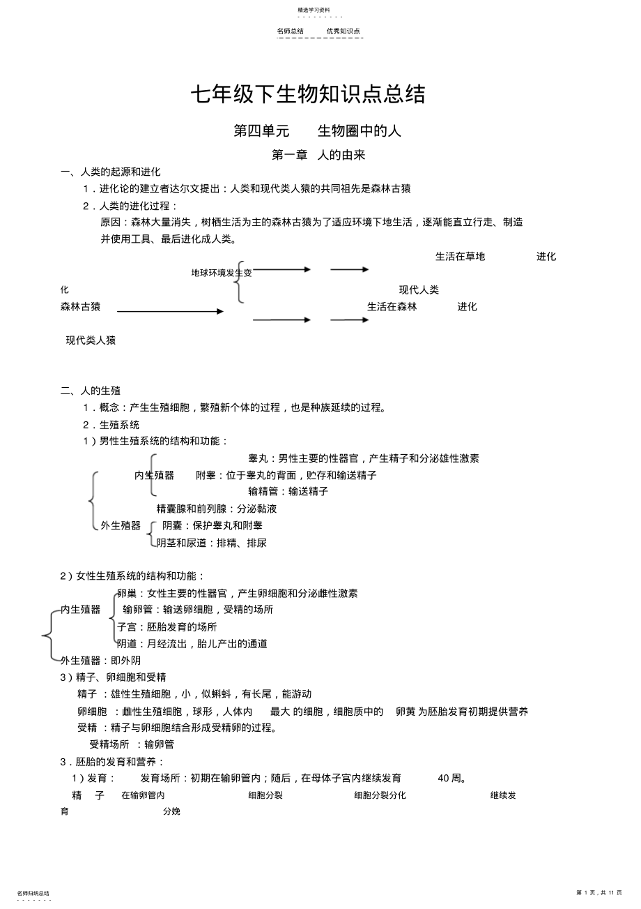 2022年人教版七年级下册生物知识点总结 .pdf_第1页