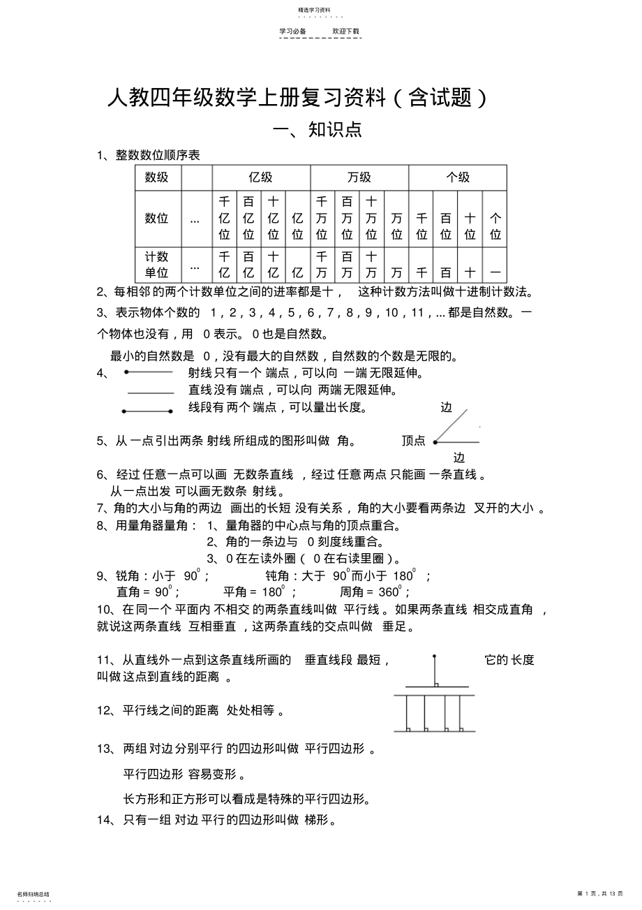 2022年人教四年级数学上册复习资料 .pdf_第1页