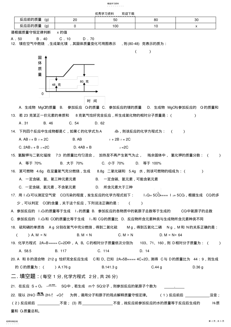 2022年人教新课标版初中九上第五单元化学方程式测试题及答案 .pdf_第2页