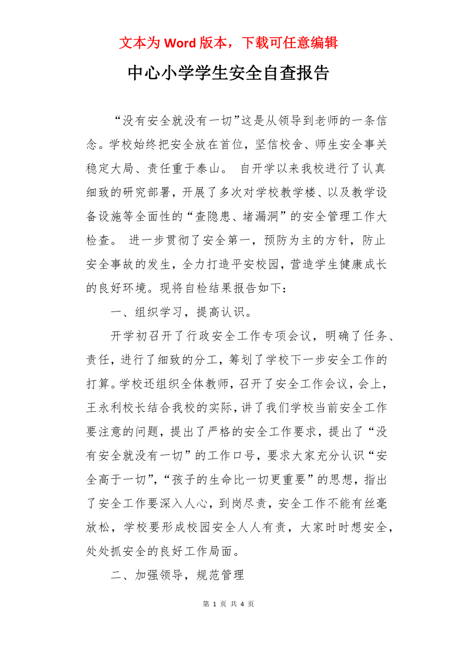 中心小学学生安全自查报告.docx_第1页