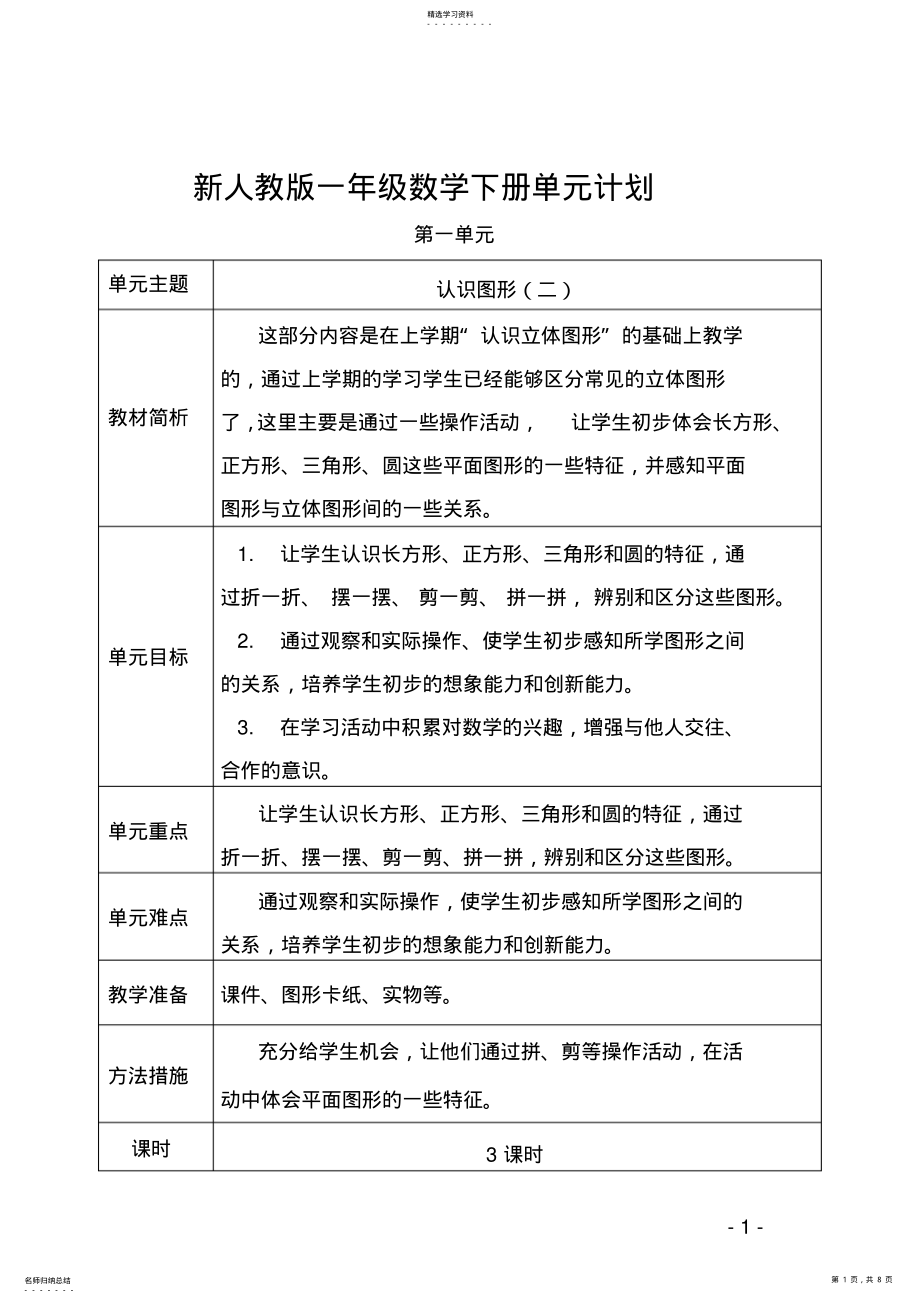 2022年人教版数学一年级下册单元教学计划 .pdf_第1页