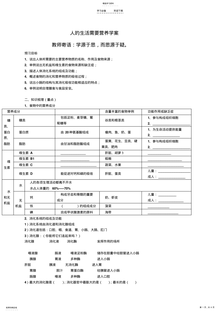 2022年第一章人的生活需要营养知识点和习题 .pdf_第1页