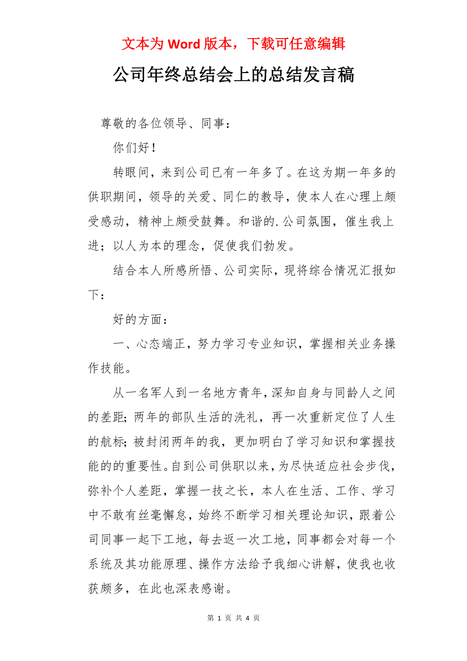 公司年终总结会上的总结发言稿.docx_第1页