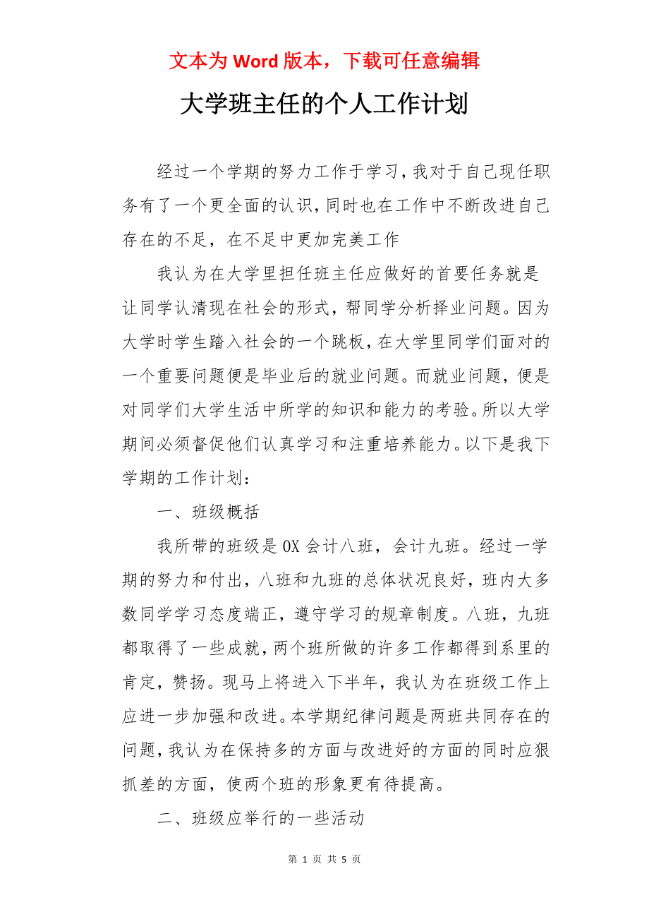 大学班主任的个人工作计划.docx_第1页