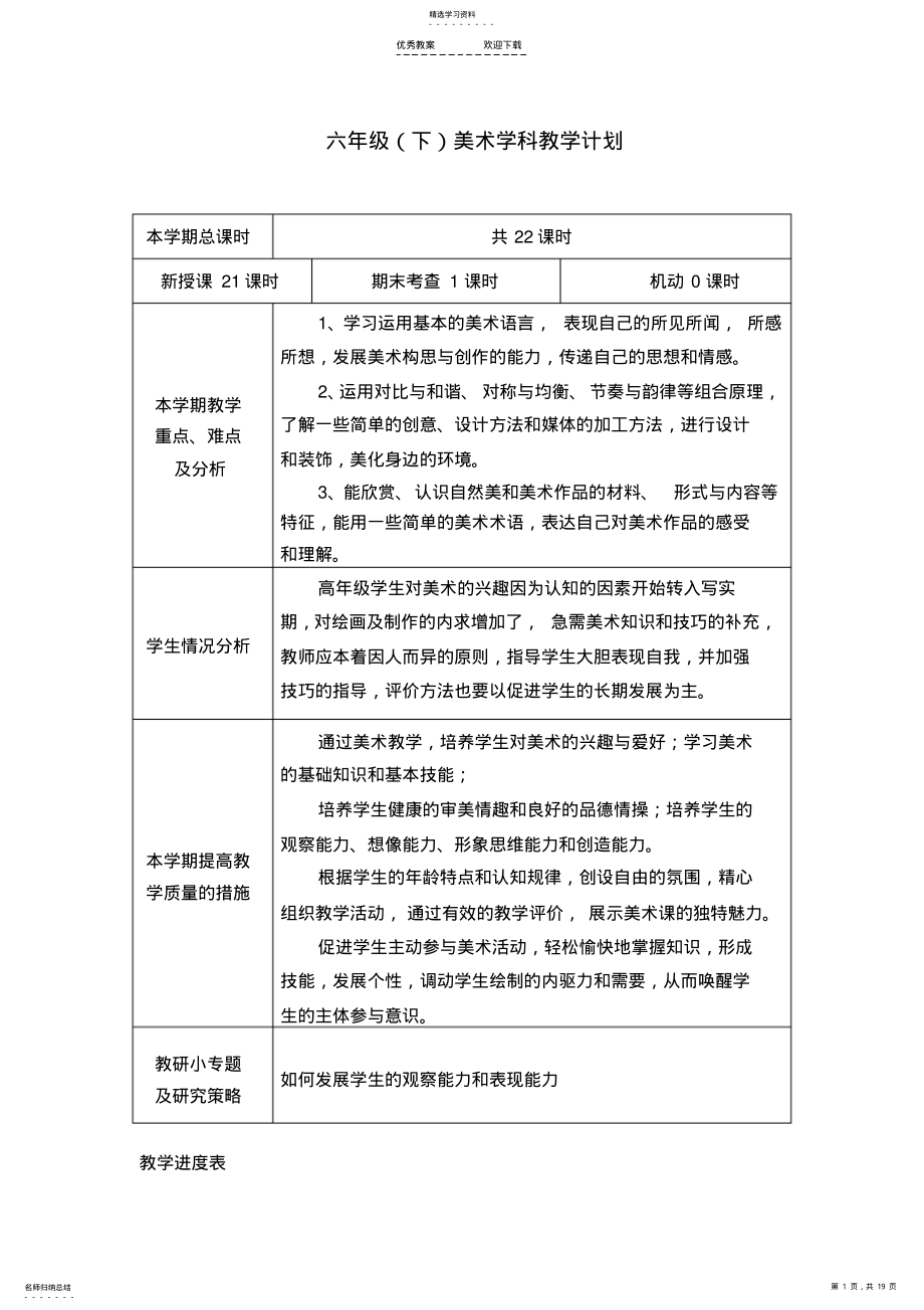 2022年人美版六年级下册美术教学计划教案 .pdf_第1页