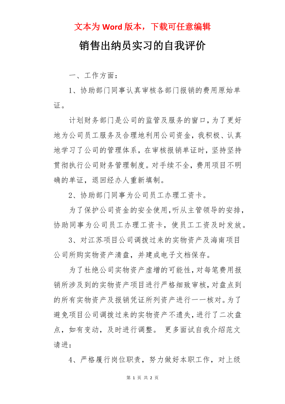 销售出纳员实习的自我评价.docx_第1页