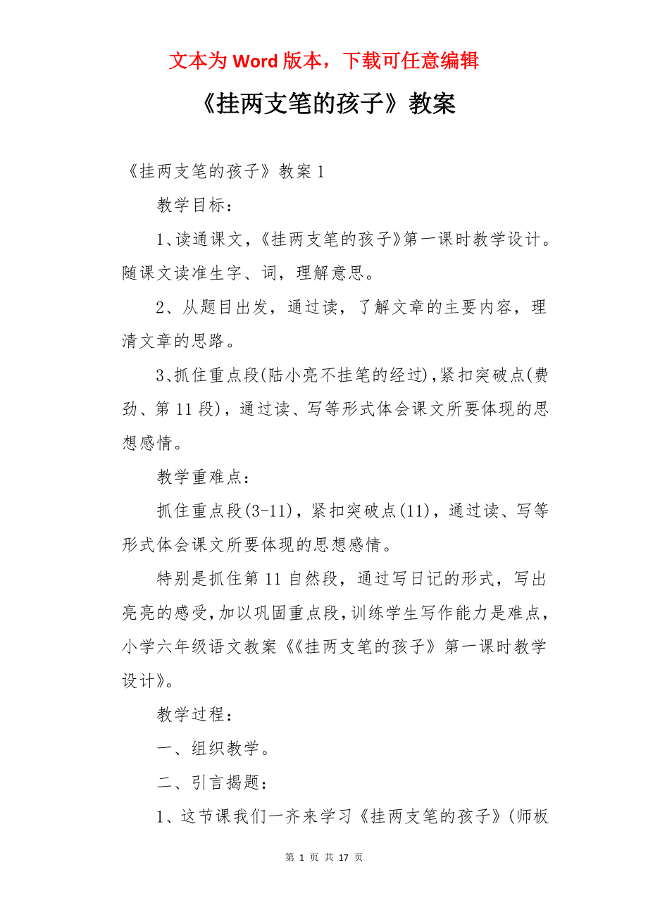 《挂两支笔的孩子》教案.docx_第1页