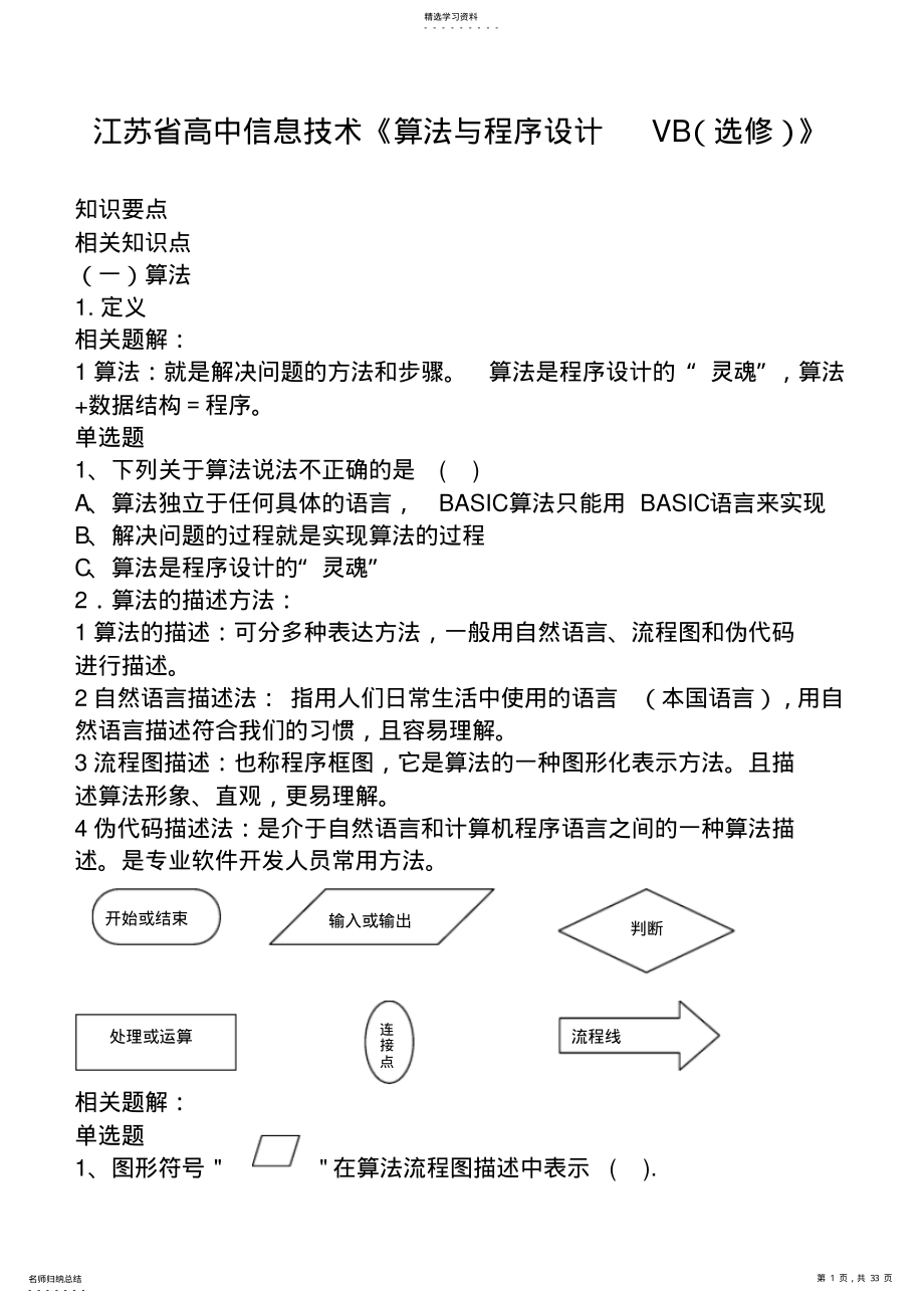 2022年信息技术算法与程序设计VB选修知识点汇总 .pdf_第1页