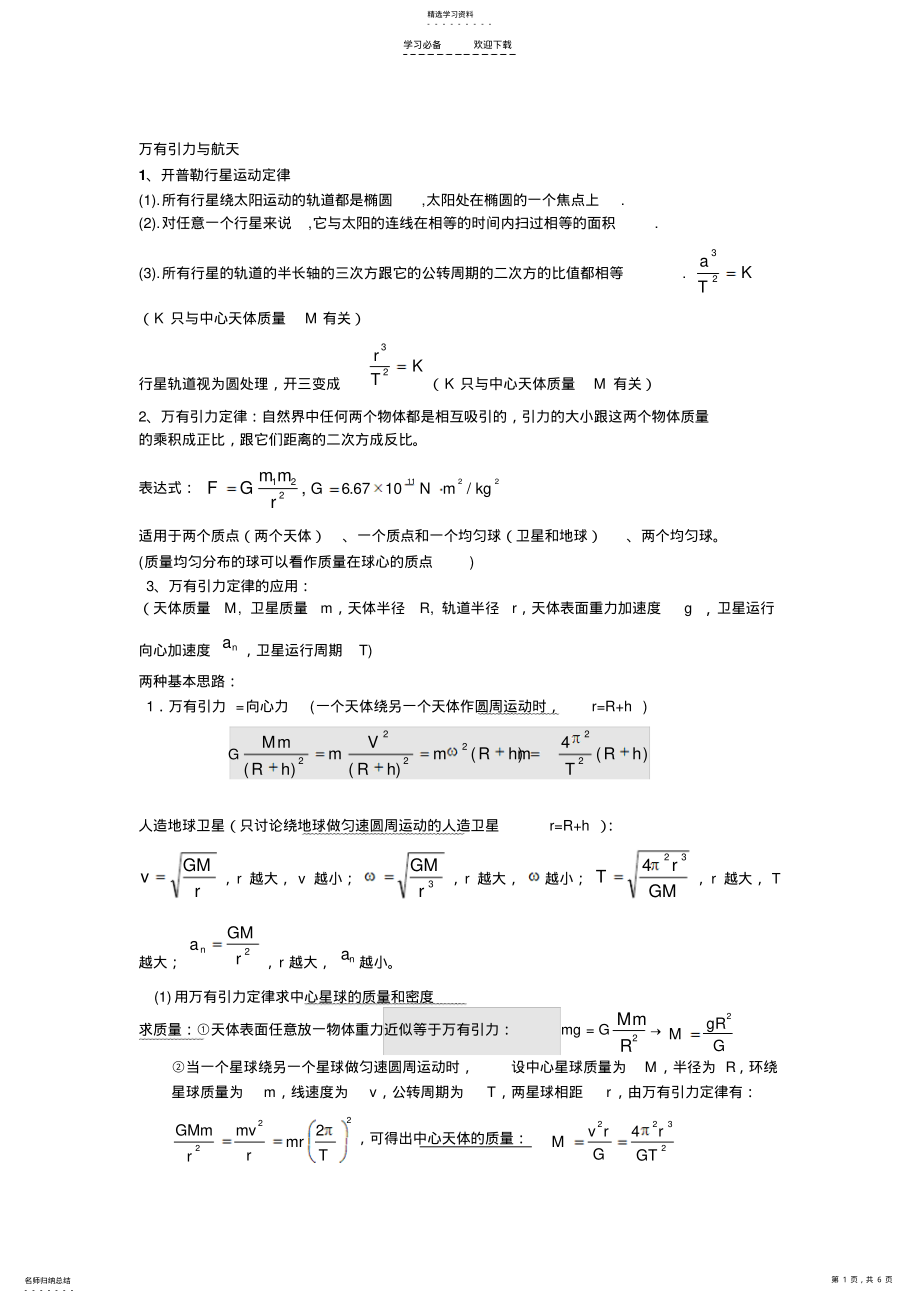 2022年第六章万有引力与航天知识点总结 .pdf_第1页