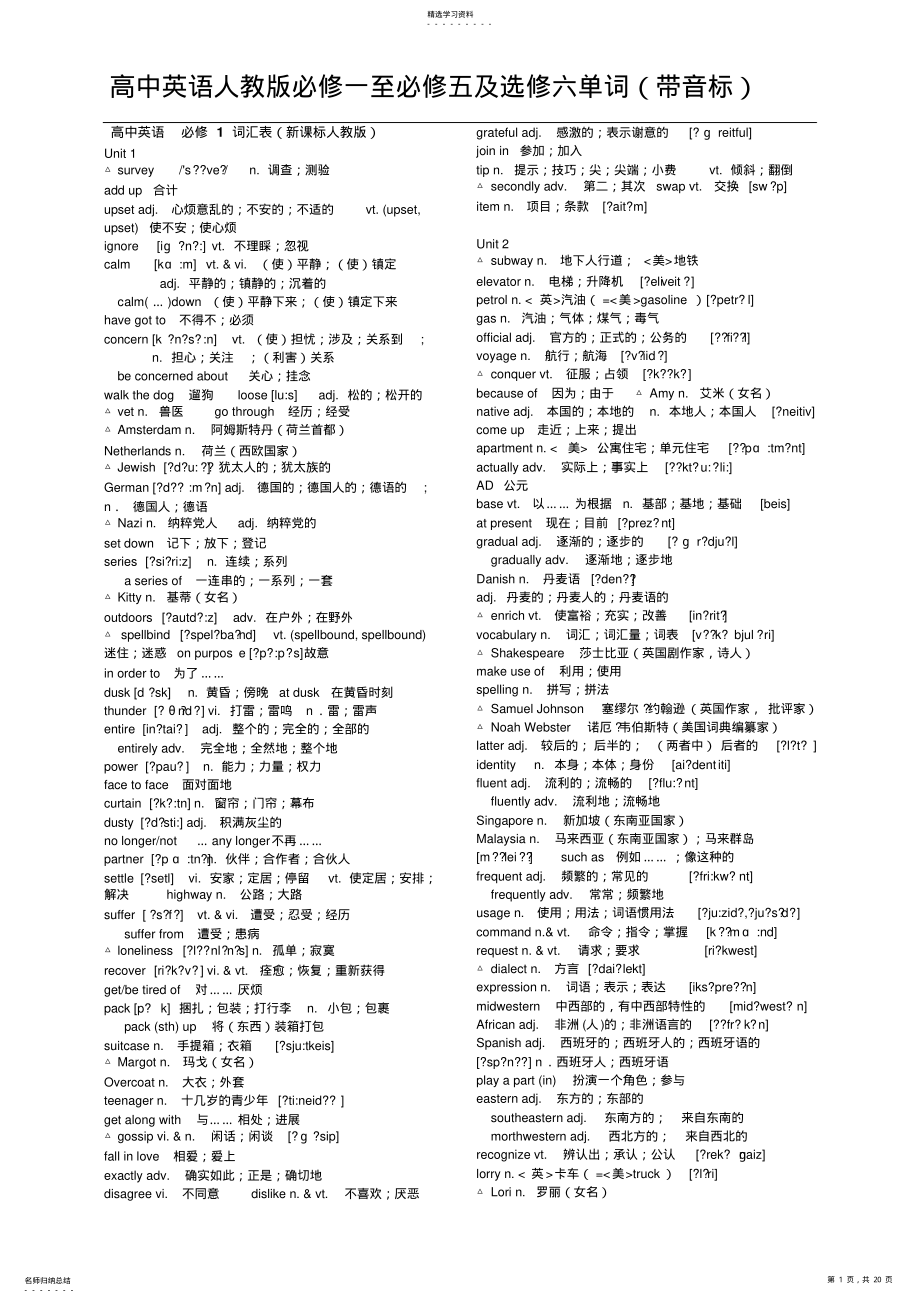 2022年人教版高中英语必修一至必修五选修六单词 .pdf_第1页