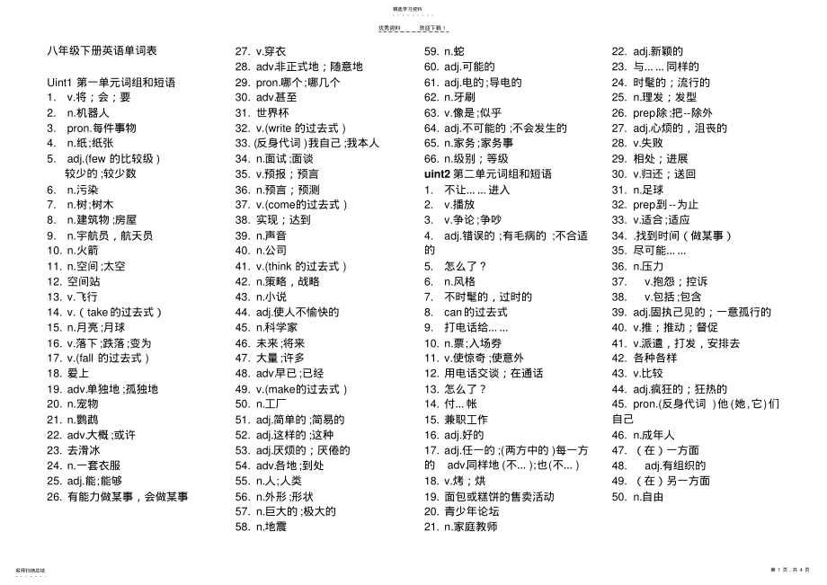 2022年八年级下册英语单词考试表 .pdf_第1页