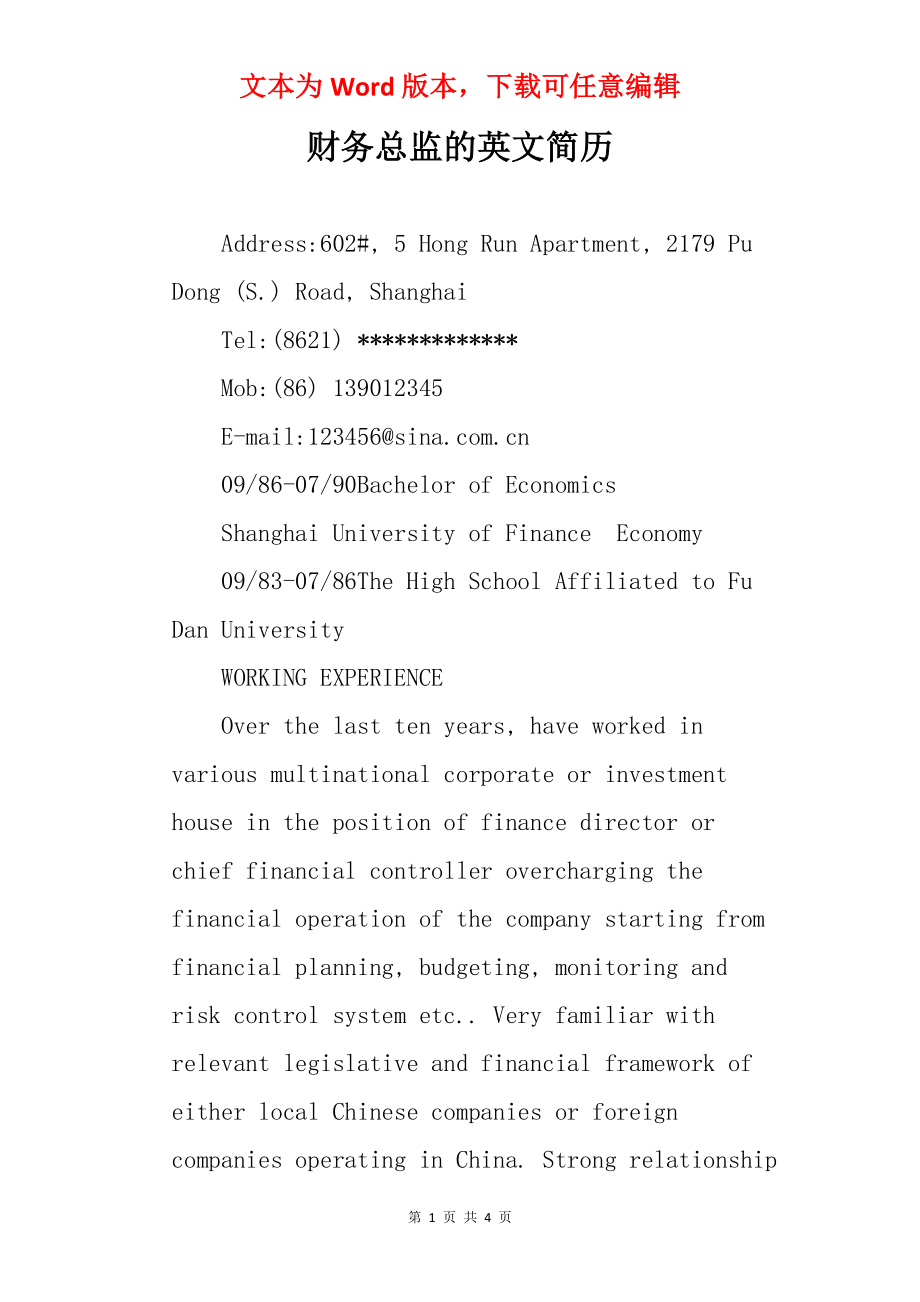 财务总监的英文简历.docx_第1页