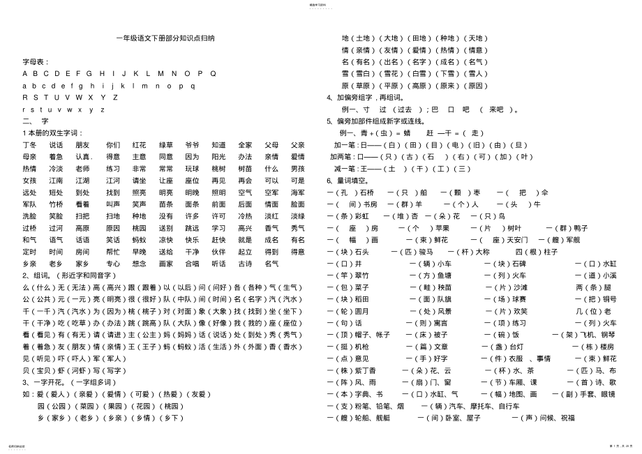 2022年人教版小学一级下册语文全册知识点汇总 2.pdf_第1页