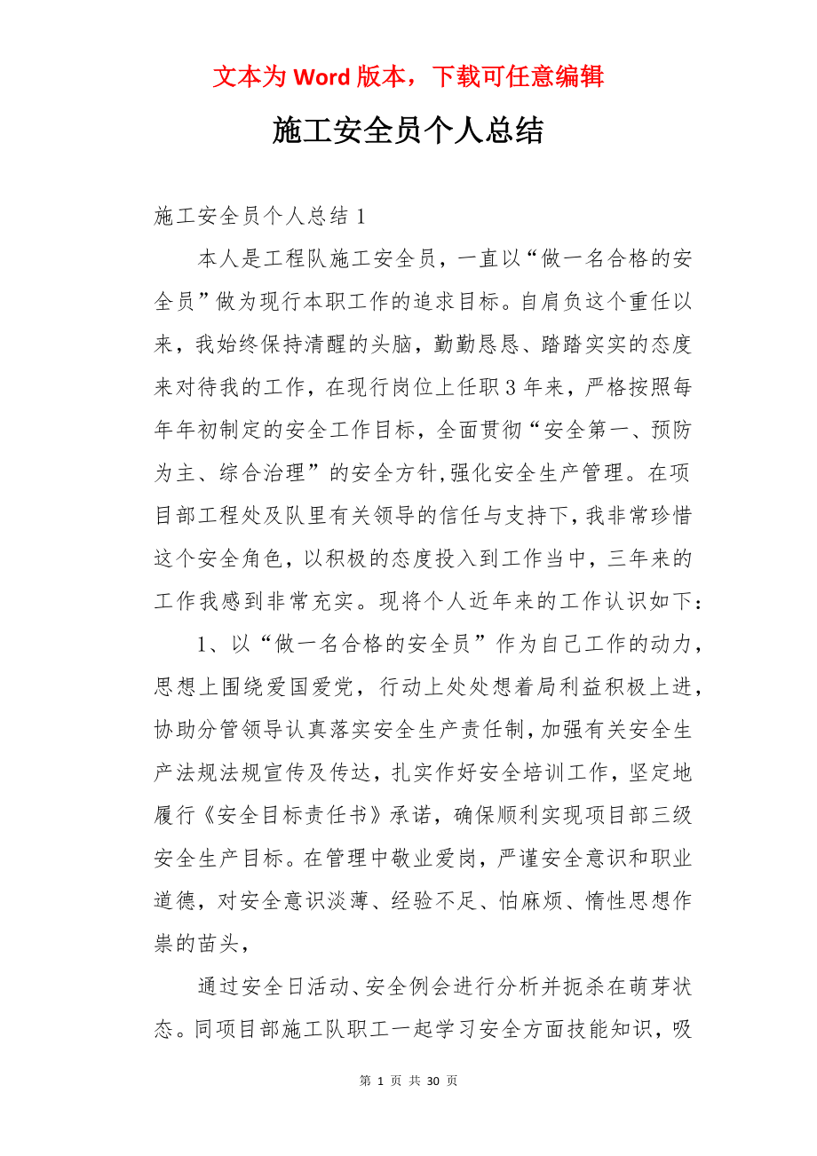 施工安全员个人总结.docx_第1页