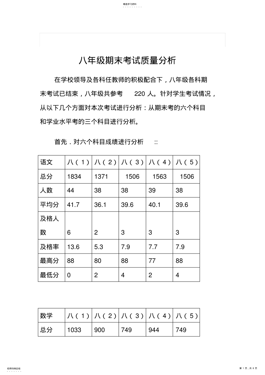 2022年八年级期末考试质量分析 .pdf_第1页