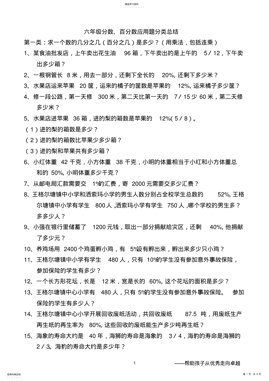 2022年六年级上分数、百分数应用题分类总结 .pdf_第1页