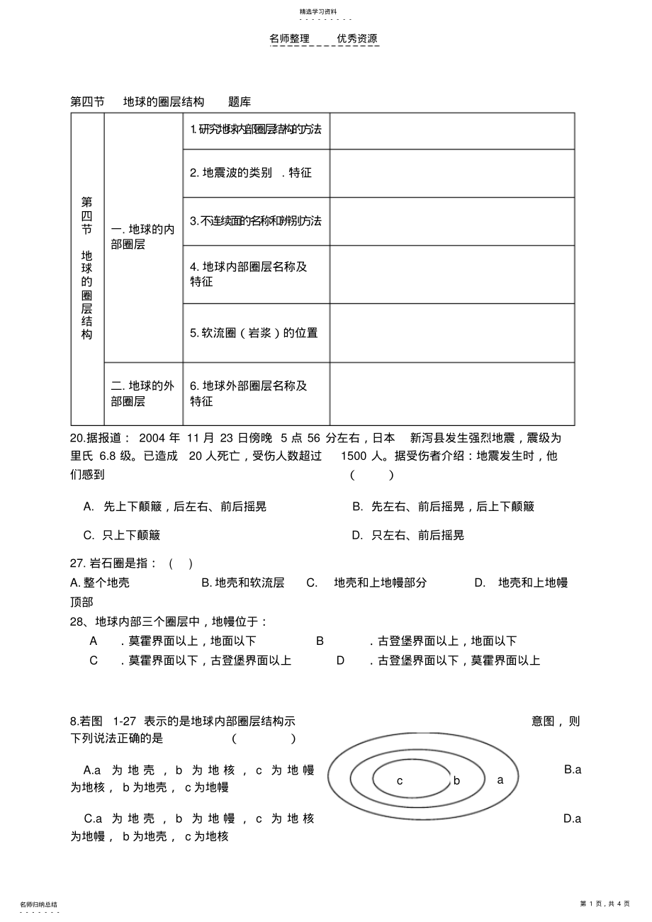 2022年第四节地球的圈层结构题库 .pdf_第1页