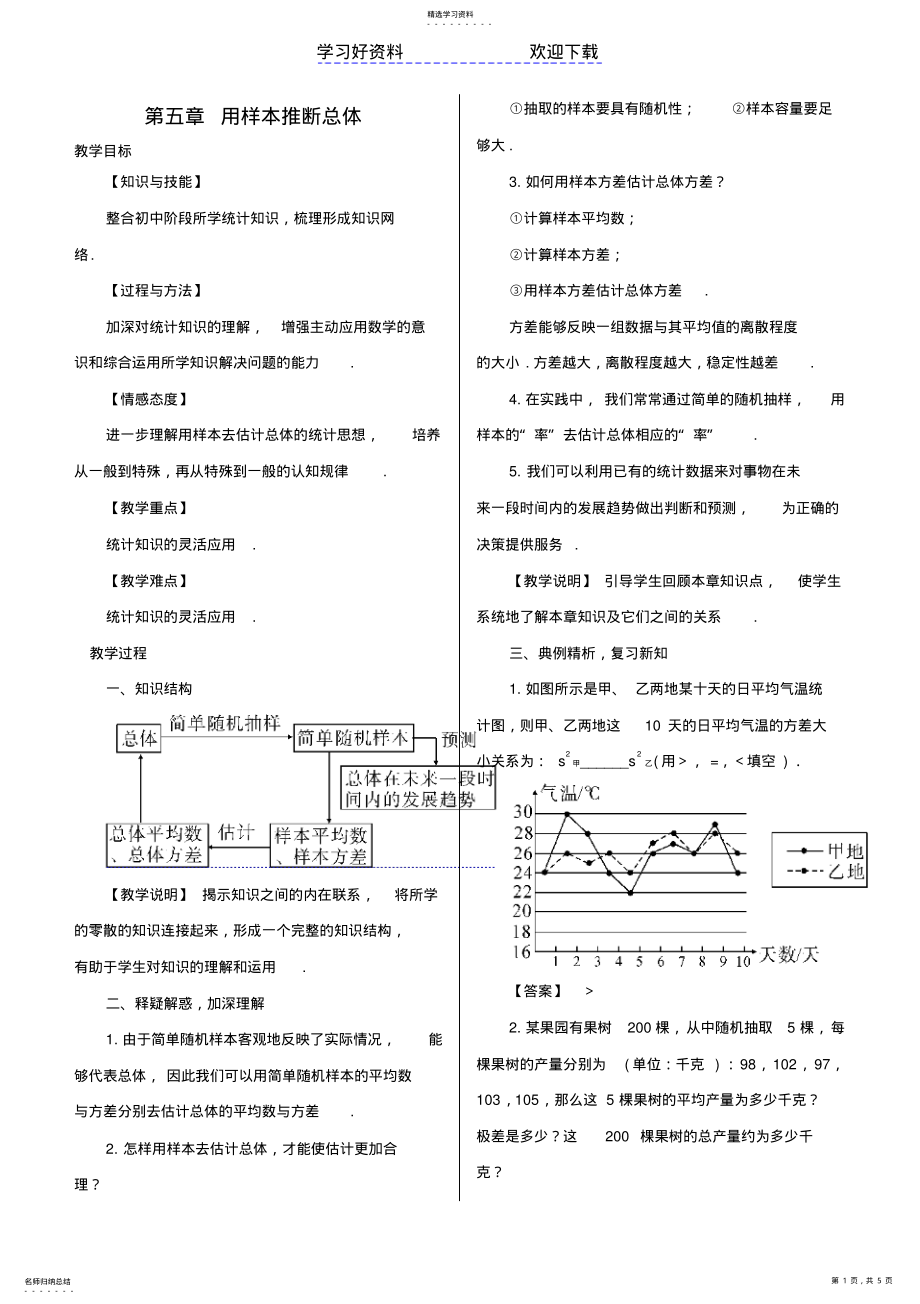 2022年秋九年级数学上册第五章用样本推断总体章末复习教案湘教版 .pdf_第1页