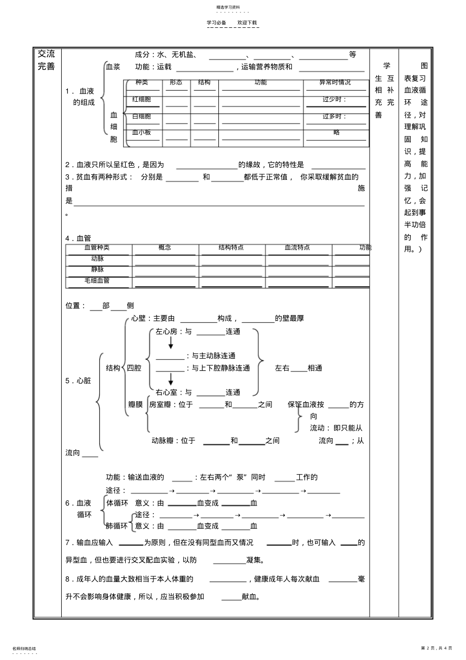 2022年第四单元第四章人体内物质的运输复习教案 .pdf_第2页