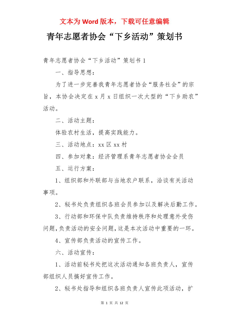 青年志愿者协会“下乡活动”策划书.docx_第1页