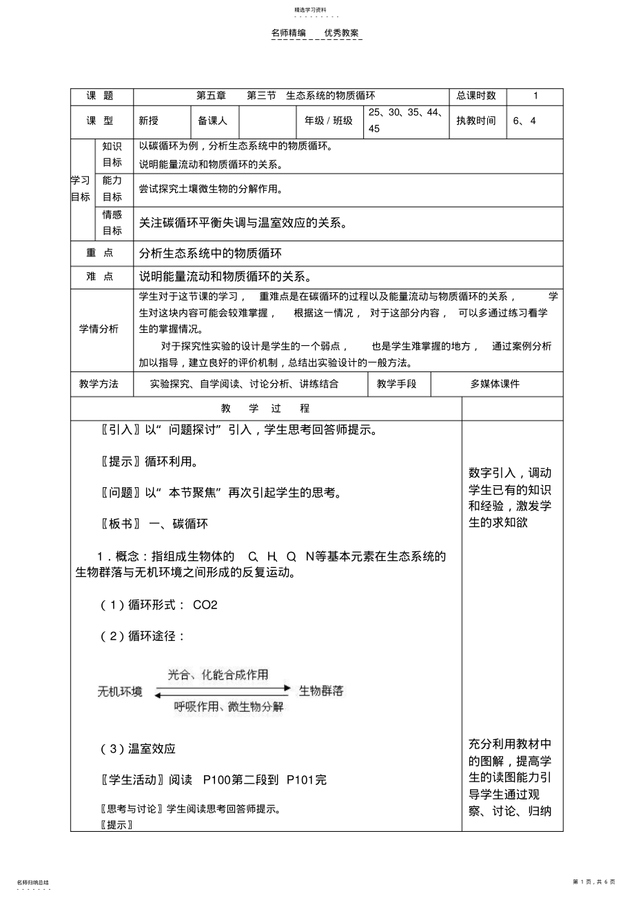 2022年第五章第三节生态系统的物质循环个人备课教案模板 .pdf_第1页