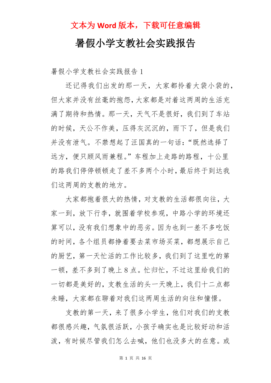 暑假小学支教社会实践报告.docx_第1页