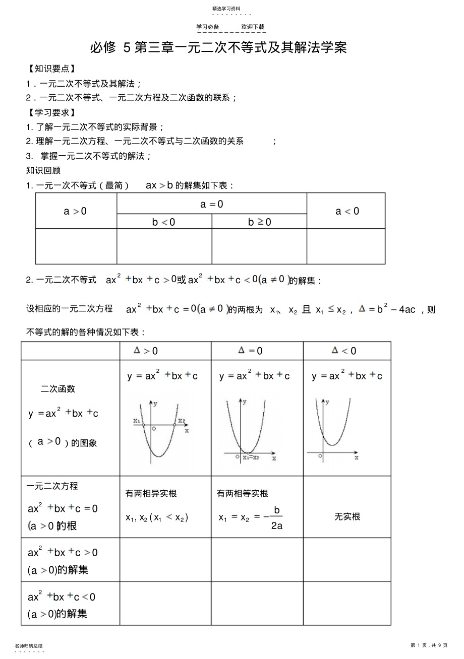 2022年第三章一元二次不等式及其解法学案 .pdf_第1页