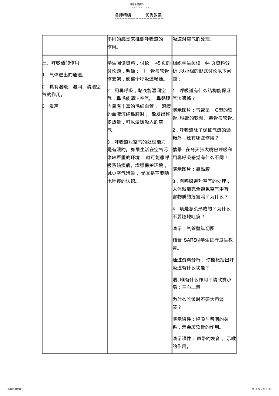 2022年人教课标版七年级生物下册教案呼吸道对空气的处理 .pdf_第2页