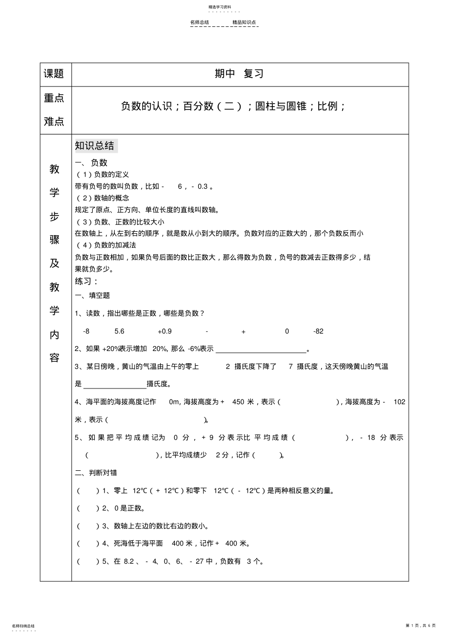 2022年六年级下册数学-期中复习知识点与习题 .pdf_第1页