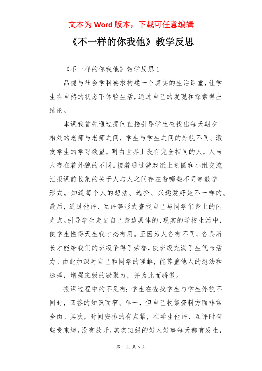 《不一样的你我他》教学反思.docx_第1页