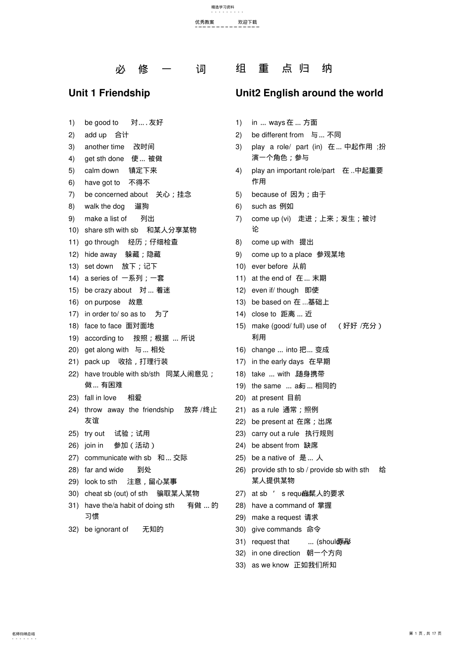 2022年人教版高中英语必修一至必修五重点词组归纳 .pdf_第1页