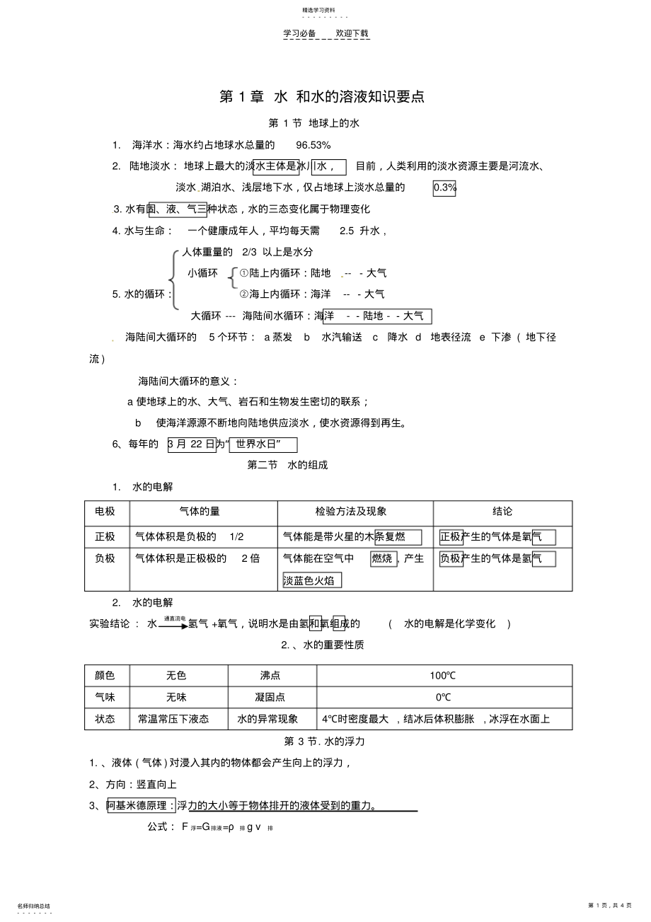 2022年八年级科学上册第一章水和水的溶液知识要点浙教版 .pdf_第1页