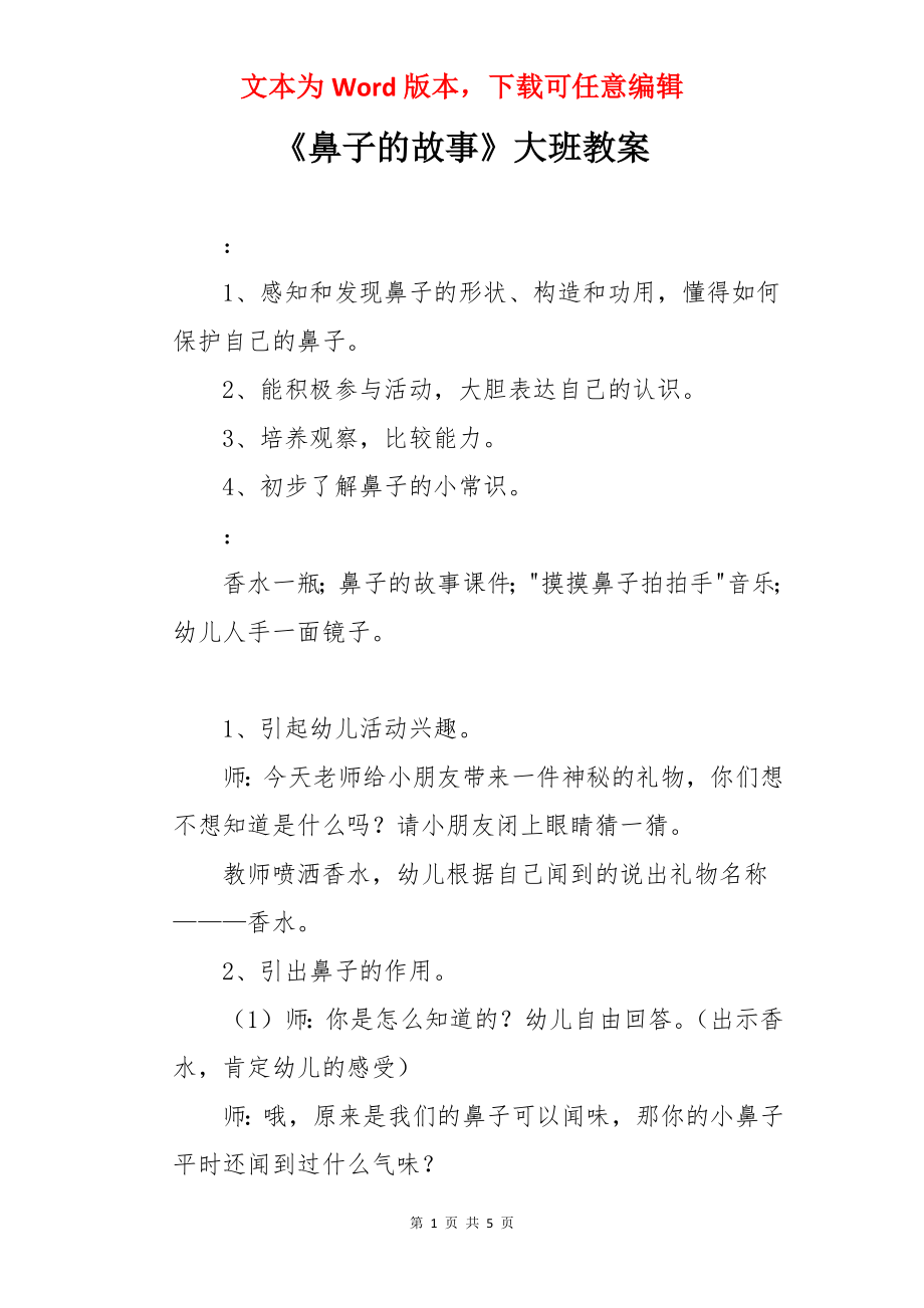 《鼻子的故事》大班教案.docx_第1页