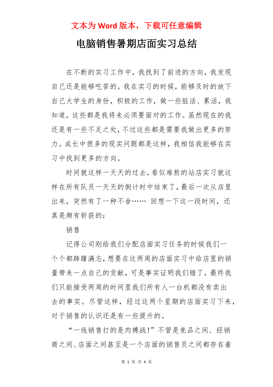 电脑销售暑期店面实习总结.docx_第1页