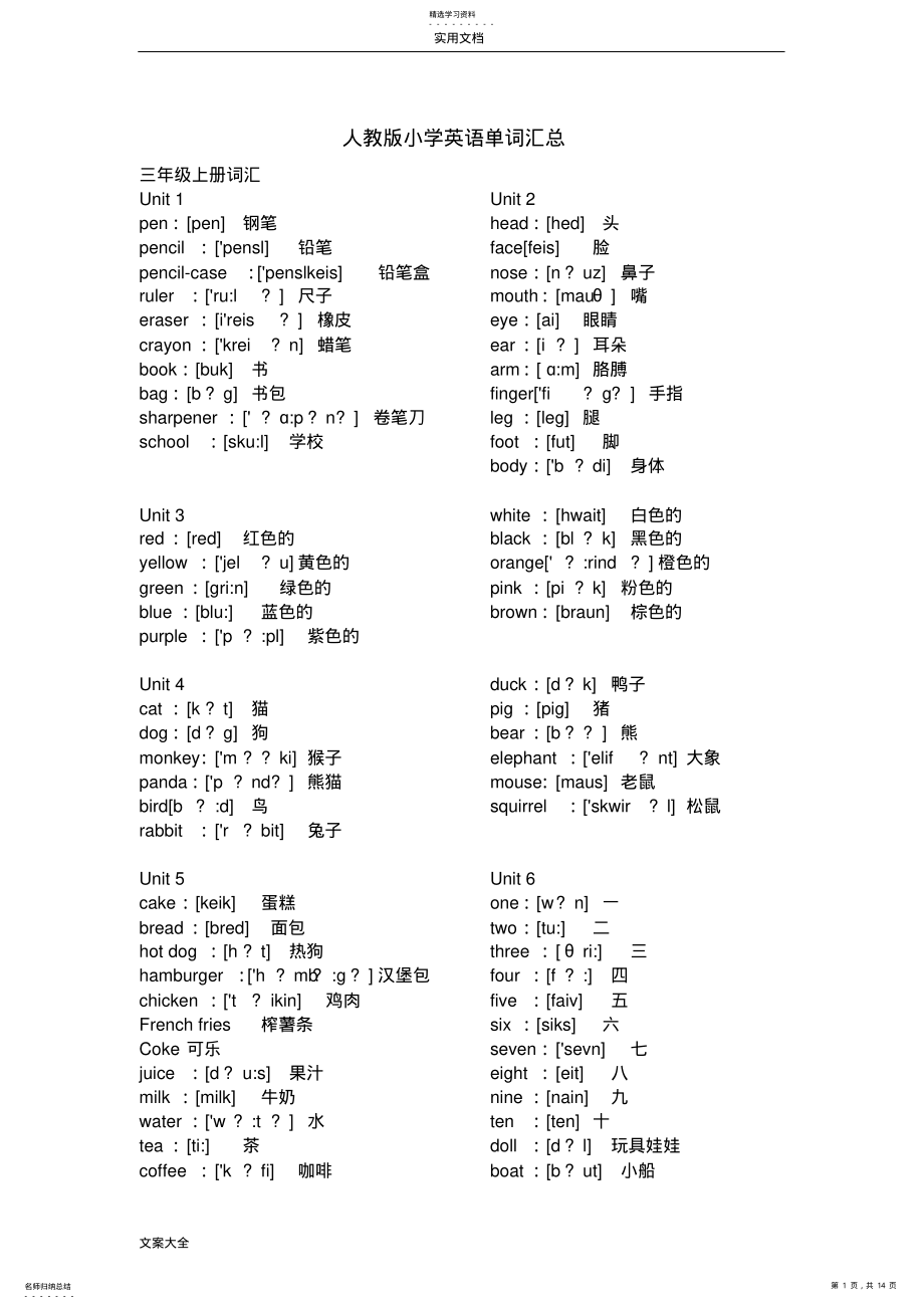 2022年人教版小学英语单词汇总情况 .pdf_第1页