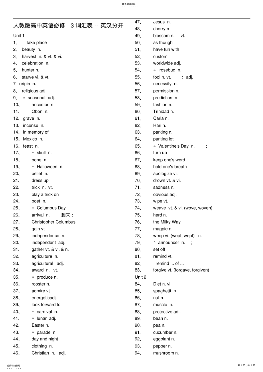 2022年人教版高中英语必修3词汇表--英汉分开 .pdf_第1页