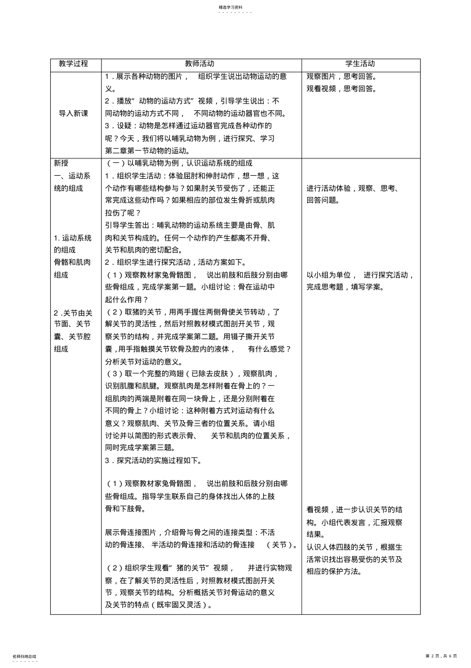 2022年人教版生物学八年级上册动物的运动教学设计 .pdf_第2页